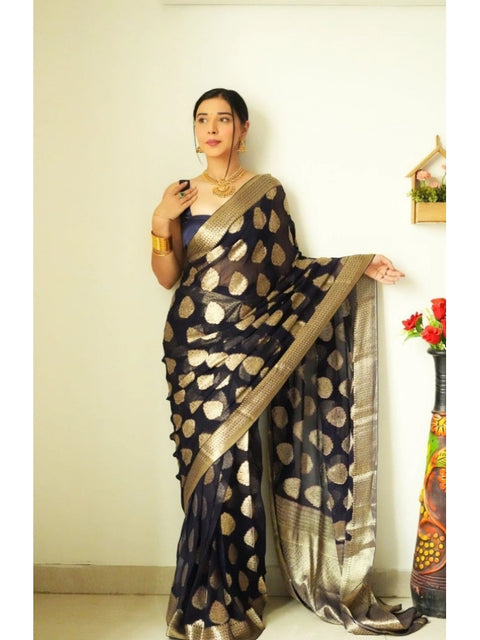 Women's Litchi silk Printed Saree With Unstitched Blouse (Black)