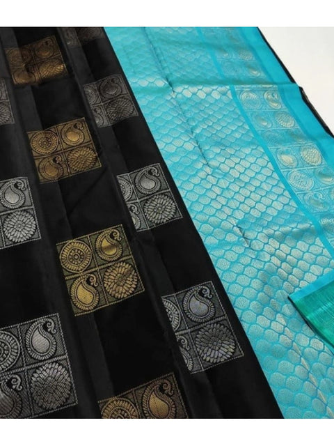 Women's Litchi silk Printed Saree With Unstitched Blouse (Black With Blue)