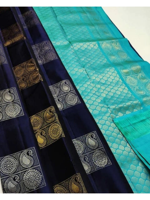 Women's Litchi silk Printed Saree With Unstitched Blouse (Navy Blue With Turquise Blue)