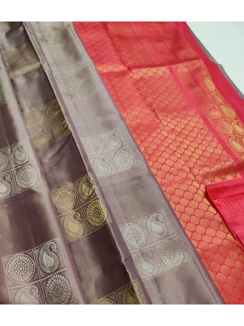 Women's Litchi silk Printed Saree With Unstitched Blouse (Brown With Orange)