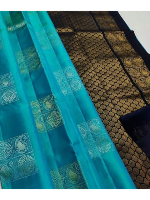 Women's Litchi silk Printed Saree With Unstitched Blouse (Light Blue With Black)