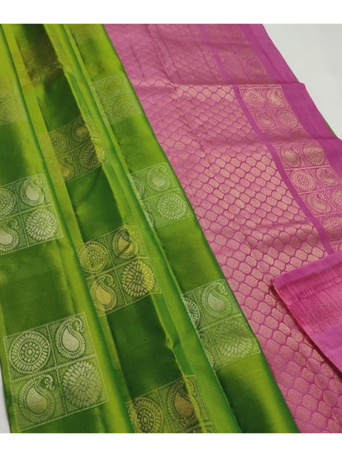 Women's Litchi silk Printed Saree With Unstitched Blouse (Green With Pink)