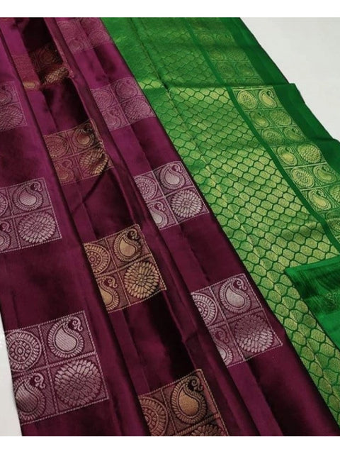 Women's Litchi silk Printed Saree With Unstitched Blouse (Brown With Green)