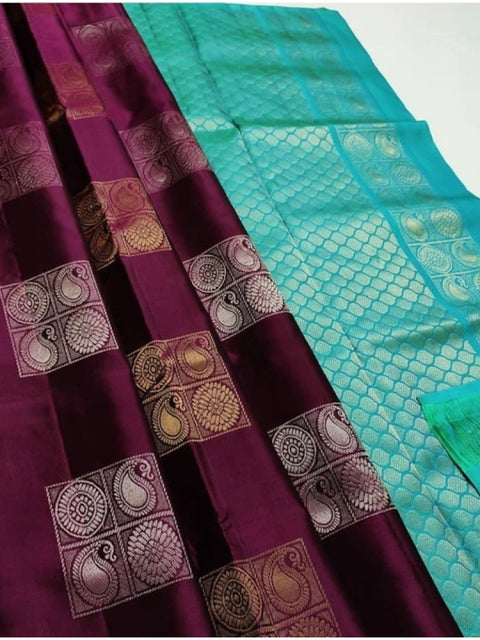 Women's Litchi silk Printed Saree With Unstitched Blouse (Maroon With Turquise Green)