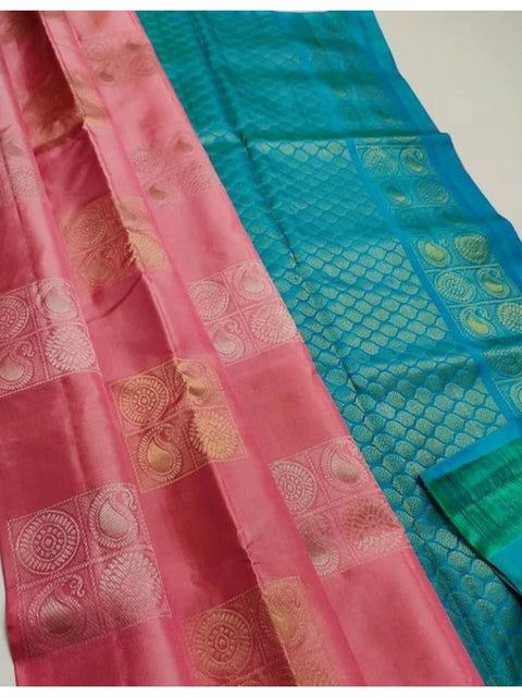 Women's Litchi silk Printed Saree With Unstitched Blouse (Peach With Turquise Green)