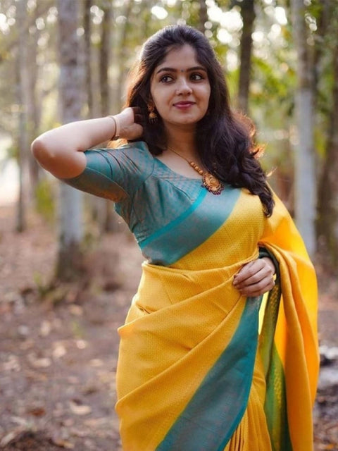 Women's Litchi silk Printed Saree With Unstitched Blouse (Yellow)