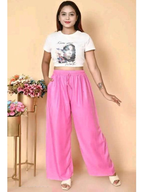 Generic Women's Casual Rayon Solid Ankle Length Palazzo (Pink, Free Size)