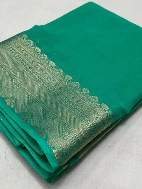 Women's Crepe Chit Pallu Solid Saree With Unstitched Blouse 5.5Mtr (Turquoise Green)