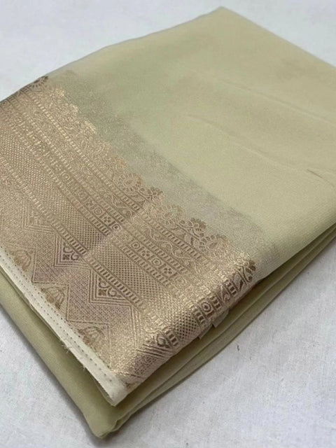 Women's Crepe Chit Pallu Solid Saree With Unstitched Blouse 5.5Mtr (Beige)