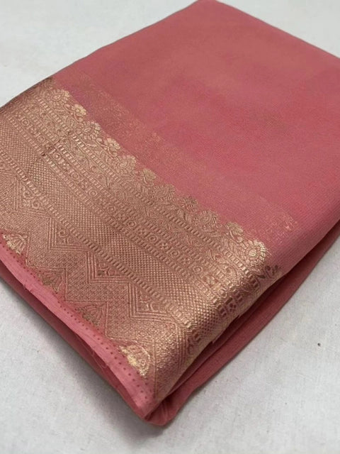 Women's Crepe Chit Pallu Solid Saree With Unstitched Blouse 5.5Mtr (Peach)