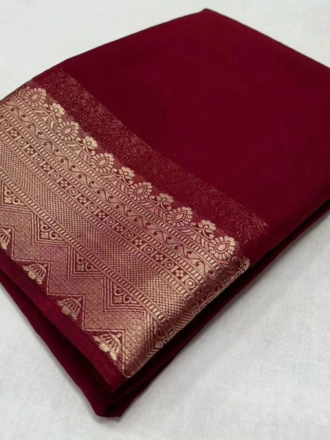Women's Crepe Chit Pallu Solid Saree With Unstitched Blouse 5.5Mtr (Maroon)