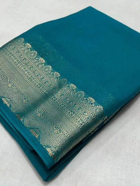 Women's Crepe Chit Pallu Solid Saree With Unstitched Blouse 5.5Mtr (Sky Blue)