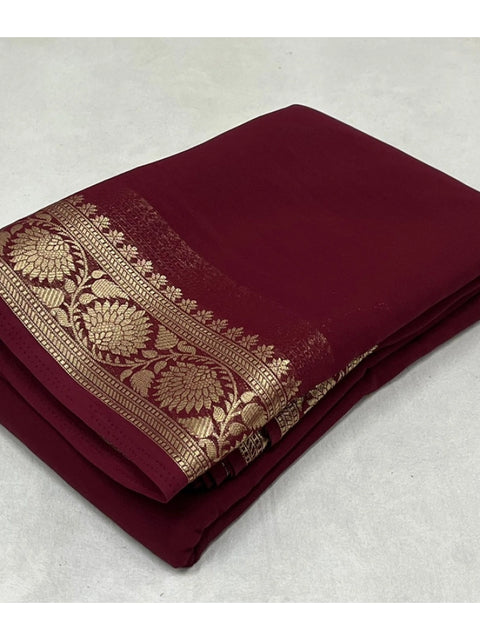 Women's Crepe Chit Pallu Solid Saree With Unstitched Blouse 5.5Mtr (Maroon)