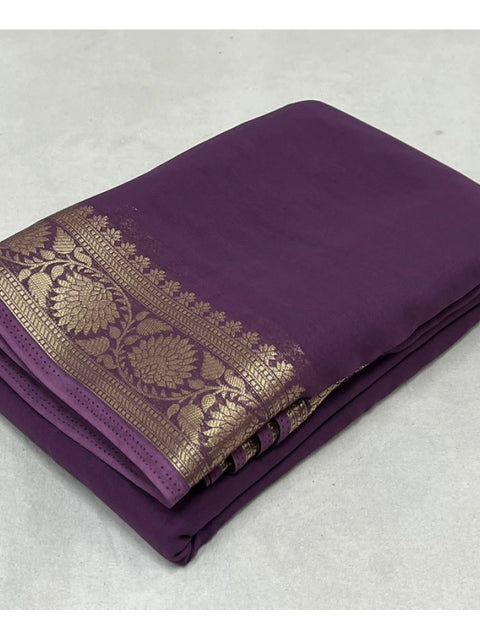 Women's Crepe Chit Pallu Solid Saree With Unstitched Blouse 5.5Mtr (Purple)