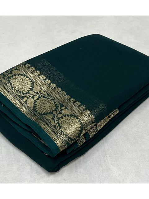 Women's Crepe Chit Pallu Solid Saree With Unstitched Blouse 5.5Mtr (Green)