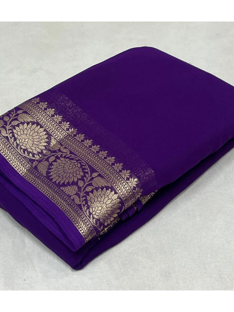 Women's Crepe Chit Pallu Solid Saree With Unstitched Blouse 5.5Mtr (Dark Purple)