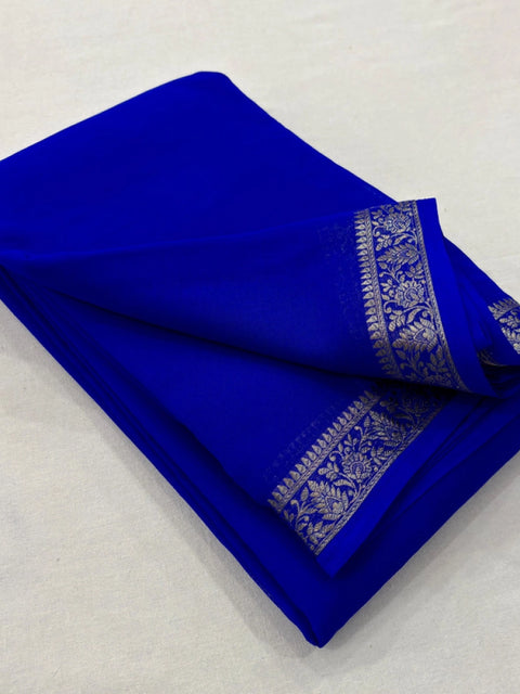 Women's Crepe Chit Pallu Solid Saree With Unstitched Blouse 5.5Mtr (Blue)