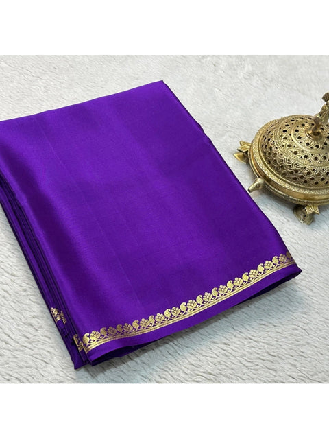 Women's Crepe Chit Pallu Solid Saree With Unstitched Blouse 5.5Mtr (Purple)