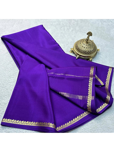 Women's Crepe Chit Pallu Solid Saree With Unstitched Blouse 5.5Mtr (Purple)
