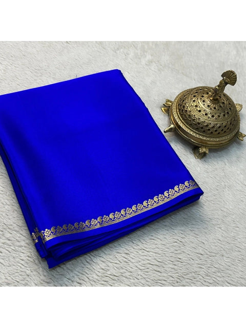 Women's Crepe Chit Pallu Solid Saree With Unstitched Blouse 5.5Mtr (Blue)