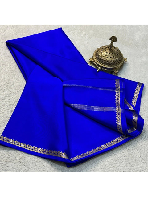 Women's Crepe Chit Pallu Solid Saree With Unstitched Blouse 5.5Mtr (Blue)