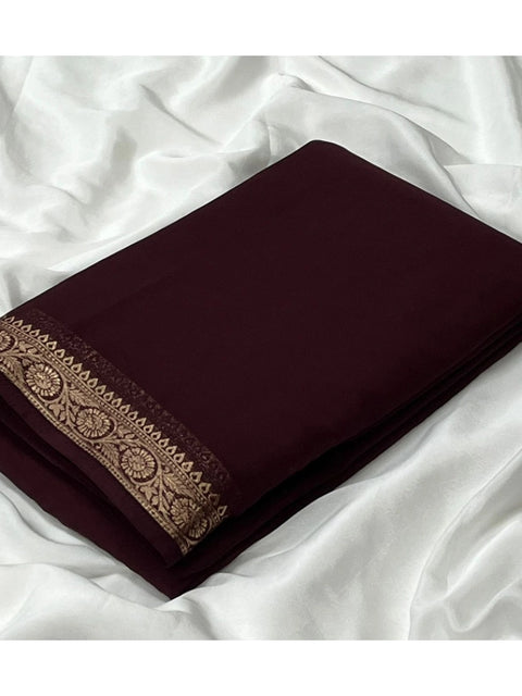 Women's Crepe Chit Pallu Solid Saree With Unstitched Blouse 5.5Mtr (Brown)