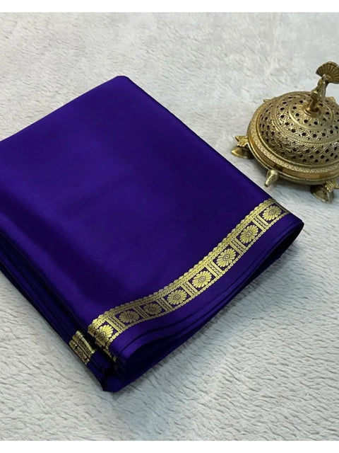 Women's Crepe Chit Pallu Solid Saree With Unstitched Blouse 5.5Mtr (Dark Purple)