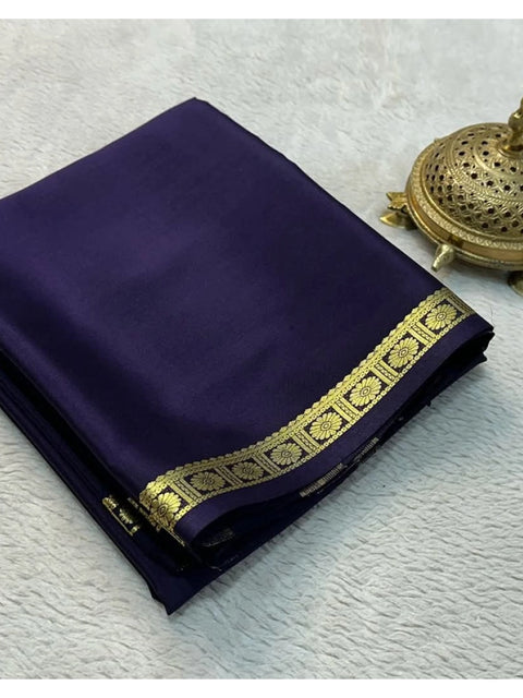 Women's Crepe Chit Pallu Solid Saree With Unstitched Blouse 5.5Mtr (Navy Blue)
