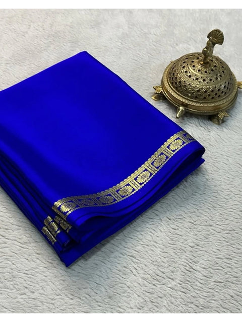 Women's Crepe Chit Pallu Solid Saree With Unstitched Blouse 5.5Mtr (Blue)