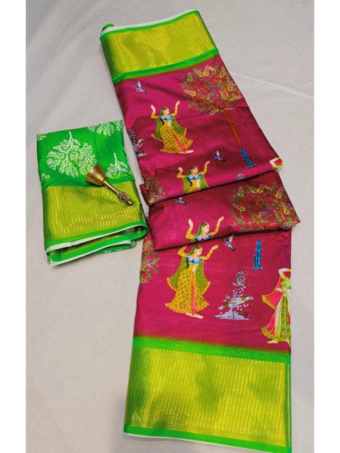 Women's Digital Dolla Silk Printed Saree With Unstitched Blouse 5.5Mtr (Pink)