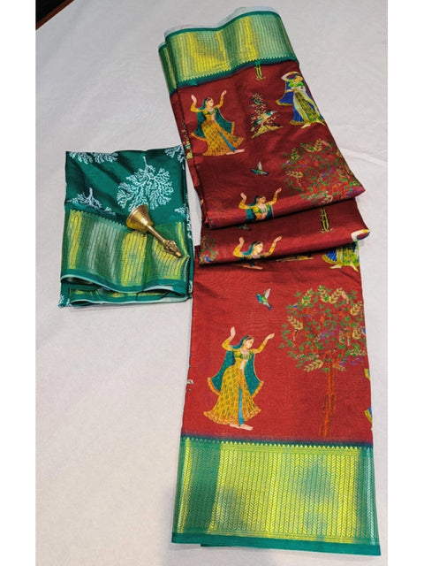 Women's Digital Dolla Silk Printed Saree With Unstitched Blouse 5.5Mtr (Brown)