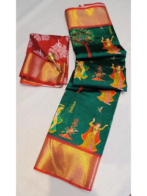 Women's Digital Dolla Silk Printed Saree With Unstitched Blouse 5.5Mtr (Green)
