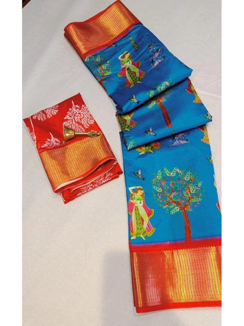 Women's Digital Dolla Silk Printed Saree With Unstitched Blouse 5.5Mtr (Sky Blue)