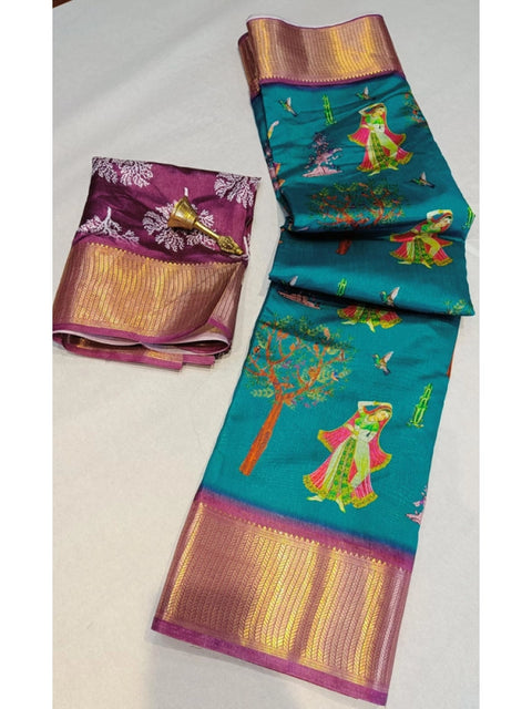 Women's Digital Dolla Silk Printed Saree With Unstitched Blouse 5.5Mtr (Turquoise Green)