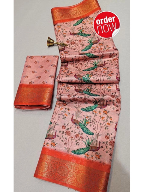 Women's Digital Dolla Silk Printed Saree With Unstitched Blouse 5.5Mtr (Orange)