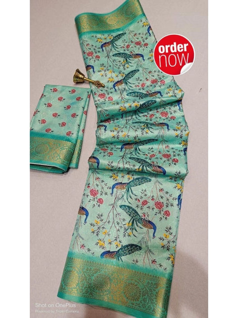 Women's Digital Dolla Silk Printed Saree With Unstitched Blouse 5.5Mtr (Pista Green)