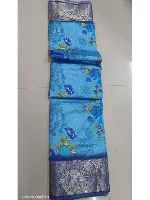 Women's Digital Dolla Silk Printed Saree With Unstitched Blouse 5.5Mtr (Sky Blue)
