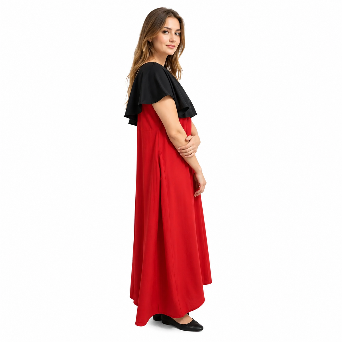 Women's Casual Crepe Cape Sleeve Dress (Black)