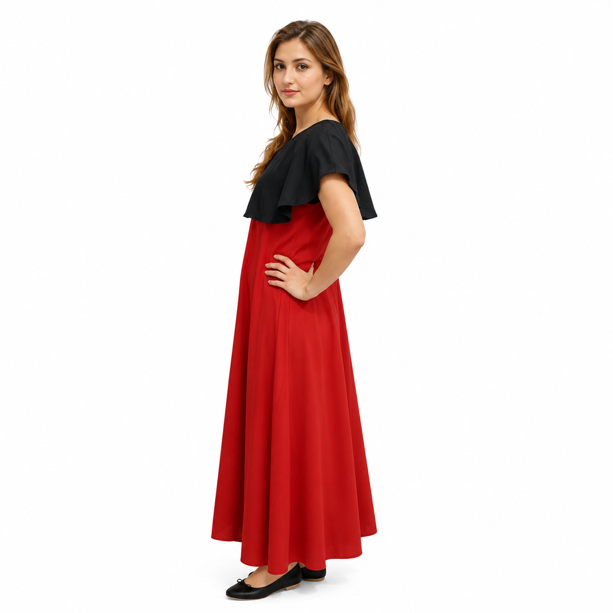 Women's Casual Crepe Cape Sleeve Dress (Black)