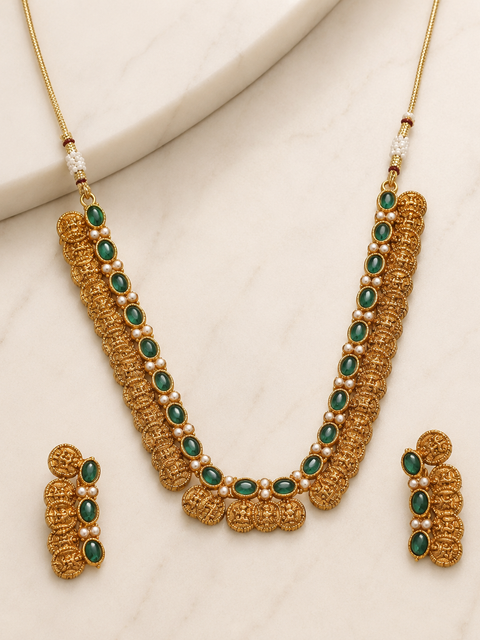 Women's Elegent Laxmi Coin Shape Jewellery Chowker Set (Green, Free Size)
