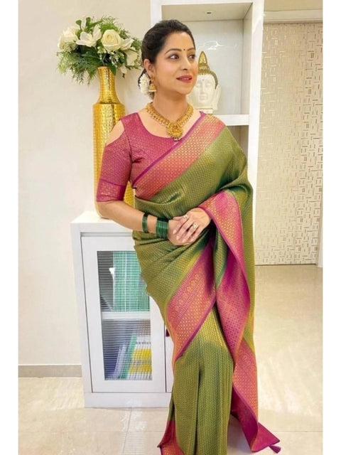 Women's Soft Lichi Silk Printed Saree With Unstitched Blouse 5.5Mtr (Mehndi-Green)
