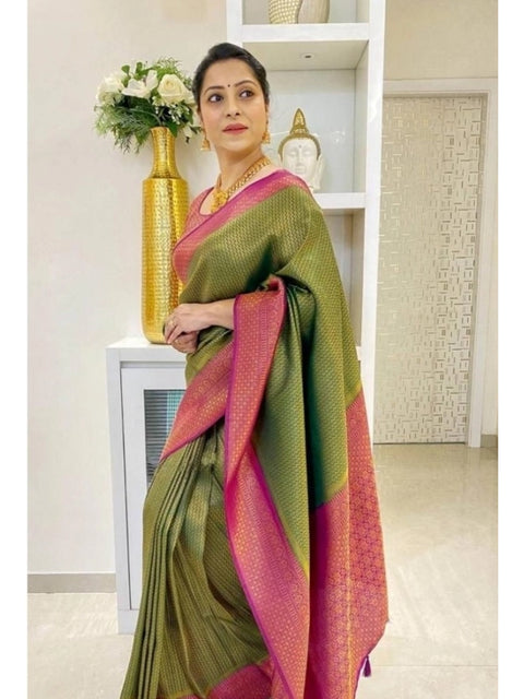 Women's Soft Lichi Silk Printed Saree With Unstitched Blouse 5.5Mtr (Mehndi-Green)