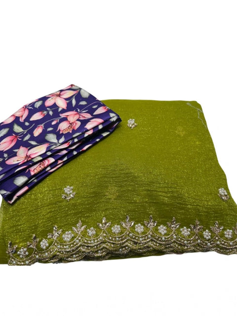 Women's Stone Work Soft Silk Saree With Unstitched Blouse (Green, 5-6 Mtrs)