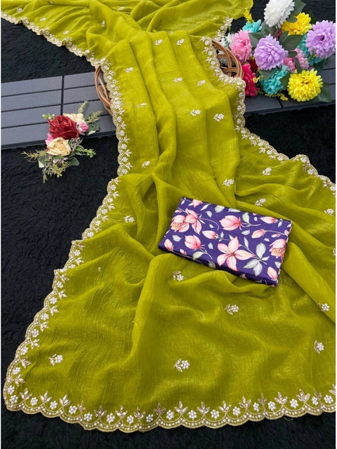 Women's Stone Work Soft Silk Saree With Unstitched Blouse (Green, 5-6 Mtrs)