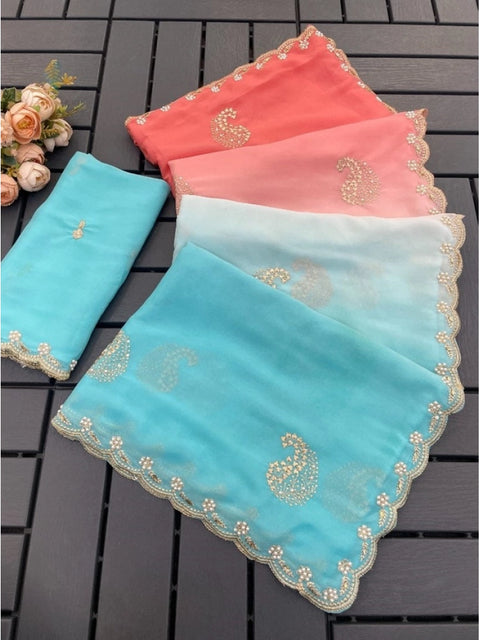 Women's Digital Printed  Geogette Saree With Unstitched Blouse (Blue, 5-6 Mtrs)
