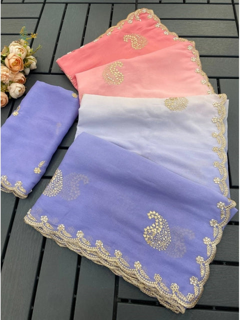 Women's Digital Printed  Geogette Saree With Unstitched Blouse (Purple, 5-6 Mtrs)