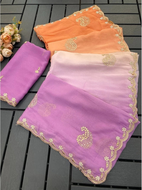 Women's Digital Printed  Geogette Saree With Unstitched Blouse (Wine, 5-6 Mtrs)
