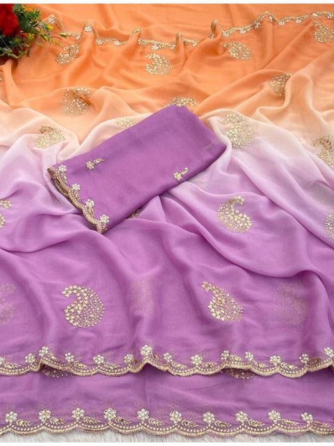 Women's Digital Printed  Geogette Saree With Unstitched Blouse (Wine, 5-6 Mtrs)