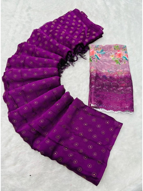 Women's Printed Brasso Saree With Unstitched Blouse (Magenta, 5-6 Mtrs)
