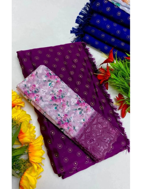 Women's Printed Brasso Saree With Unstitched Blouse (Magenta, 5-6 Mtrs)
